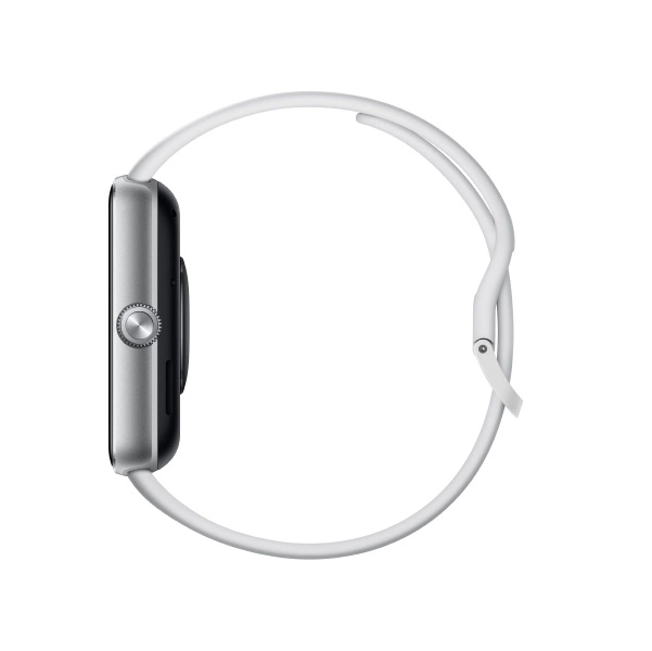 Srebrny Apple Watch, widok z boku, biały pasek, na białym tle.