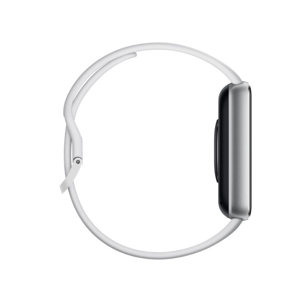 Widok z boku srebrnego Apple Watch z białym paskiem. Białe tło.