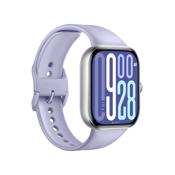 Jasnofioletowy smartwatch z pasującym paskiem, wyświetlający godzinę.