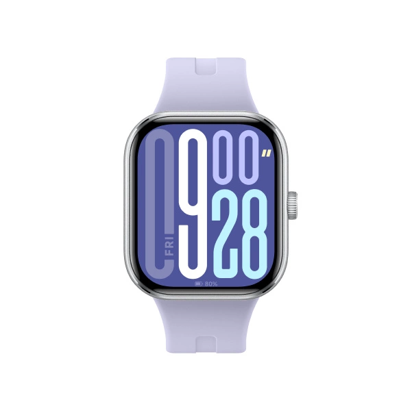 Smartwatch z kwadratową tarczą pokazującą godzinę i inne informacje na białym tle.
