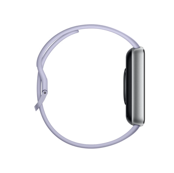 Srebrny smartwatch z jasnofioletowym paskiem, widok z boku.