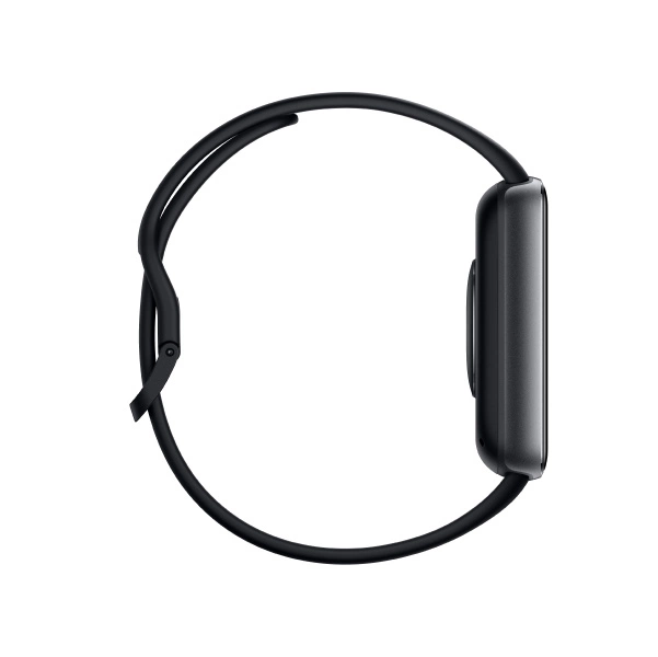 Czarny smartwatch, widok z boku, z czarnym paskiem, na białym tle.