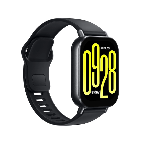 Czarny smartwatch z żółtym wyświetlaczem cyfrowym pokazującym godzinę i datę.