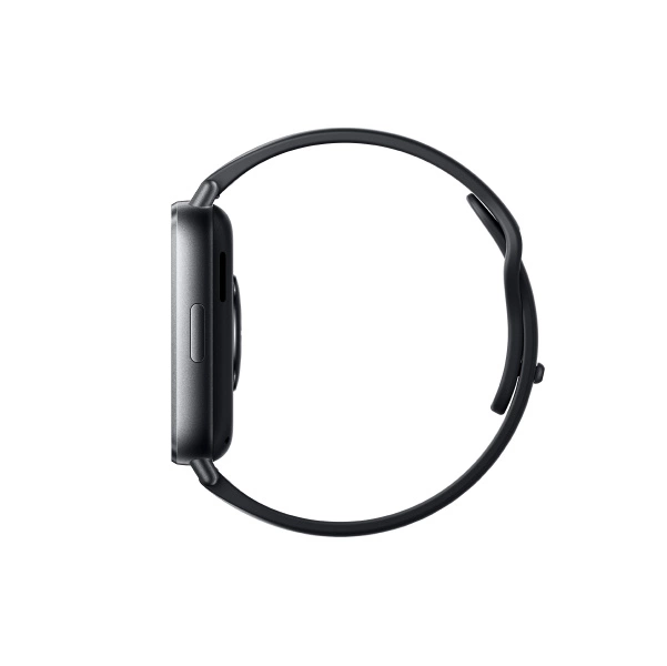 Widok z boku czarnego smartwatcha z czarnym paskiem. Białe tło.