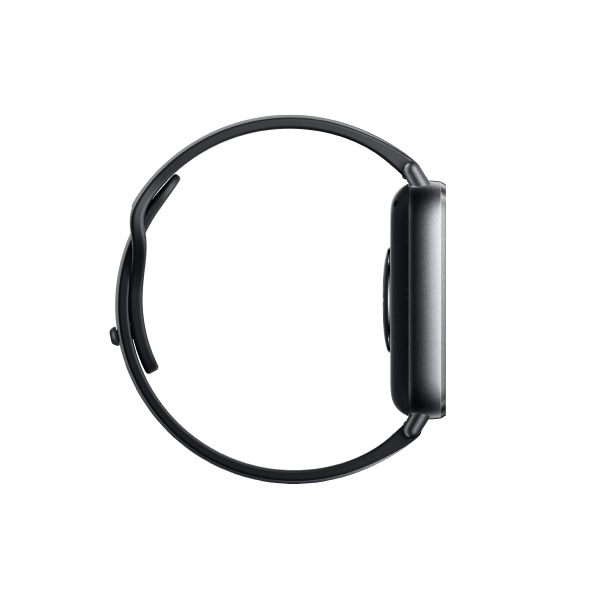 Czarny smartwatch z czarnym paskiem. Zegarek jest widoczny z boku.