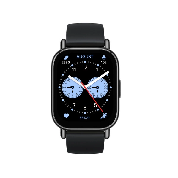 Czarny smartwatch z kwadratowym ekranem. Wyświetla datę, godzinę i dane aktywności.