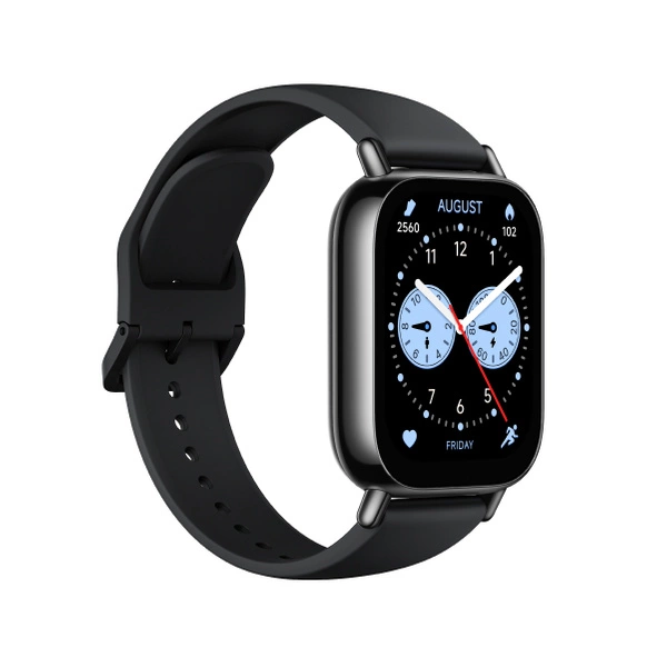 Czarny smartwatch z czarnym paskiem, pokazujący godzinę.