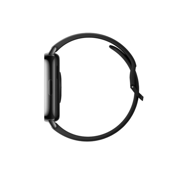 Widok z boku czarnego Apple Watch z czarnym paskiem na białym tle.