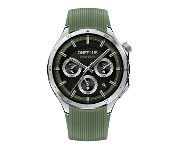 Smartwatch OnePlus z zielonym paskiem, czarną tarczą i srebrną ramką.