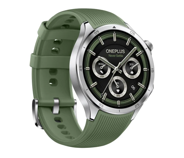 Zielony smartwatch z zielonym paskiem, srebrną ramką i czarną tarczą z tarczami i logo Oneplus.