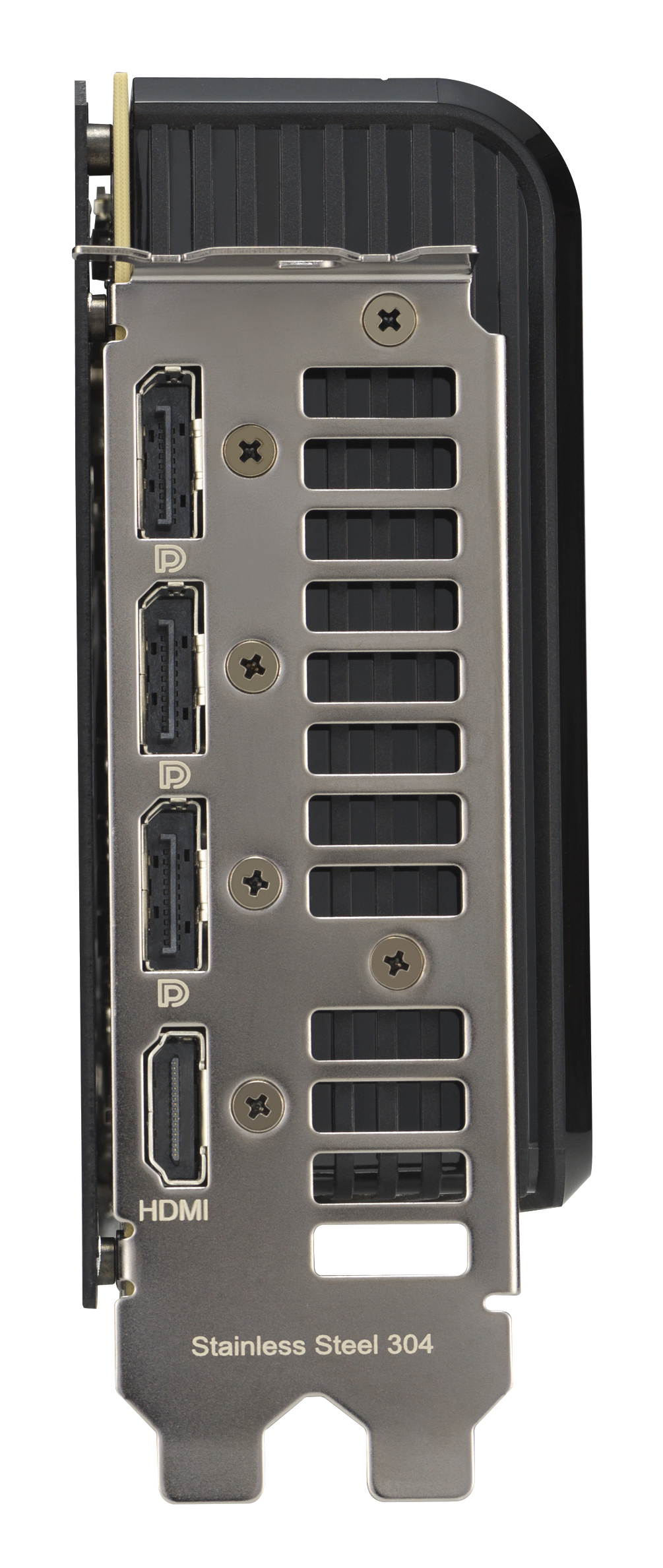 Eine Grafikkarte mit HDMI-Anschlüssen, einem schwarzen Kühler und dem Text 'Stainless Steel 304'.