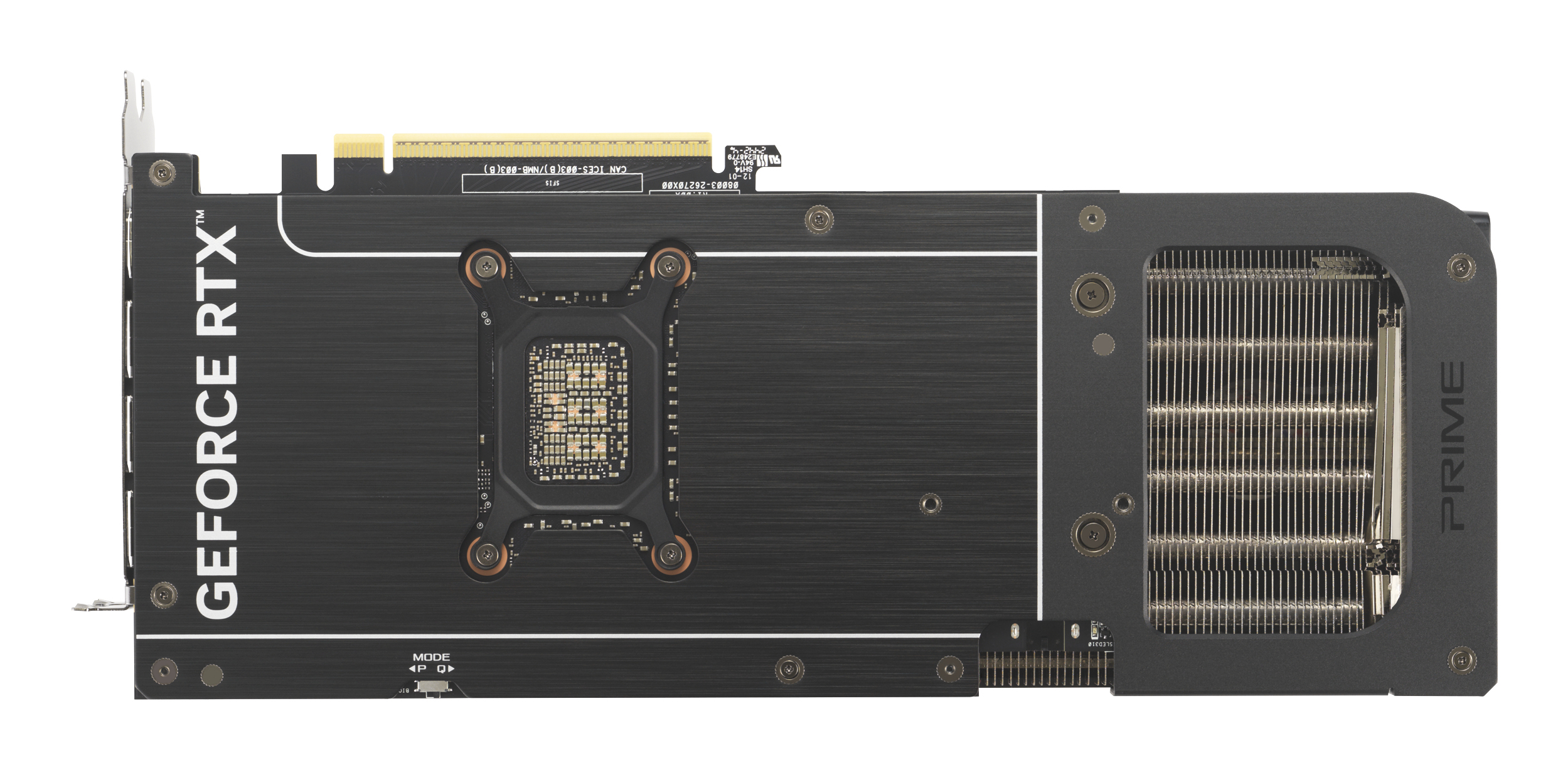 Eine GeForce RTX-Grafikkarte. Die Karte ist schwarz mit weißem Text. Sie hat einen Lüfter auf der rechten Seite und einen Kühlkörper auf der linken.