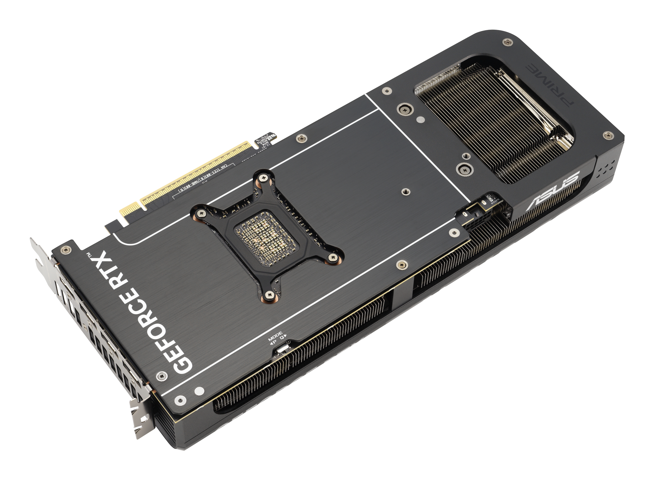 Eine schwarze Grafikkarte mit dem Text GeForce RTX und ASUS. Sie hat viele Komponenten und einen Lüfter.