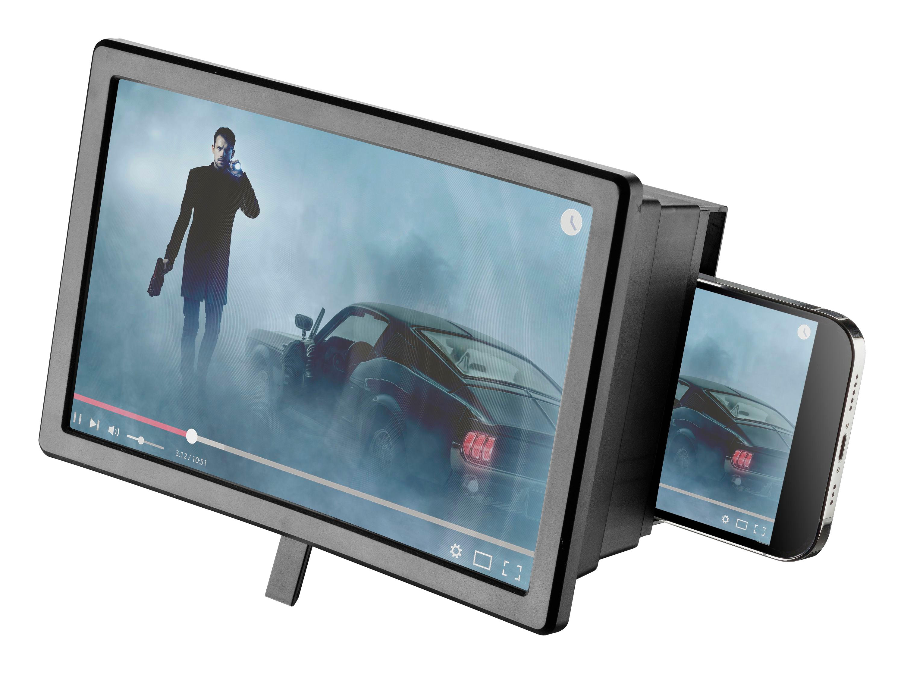 Adam ve araba içeren bir film sahnesi gösteren telefon ekranı büyütücü.