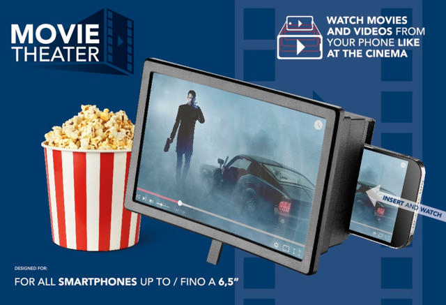 İçinde akıllı telefon, patlamış mısır ve metin bulunan bir film ekranı genişletici.