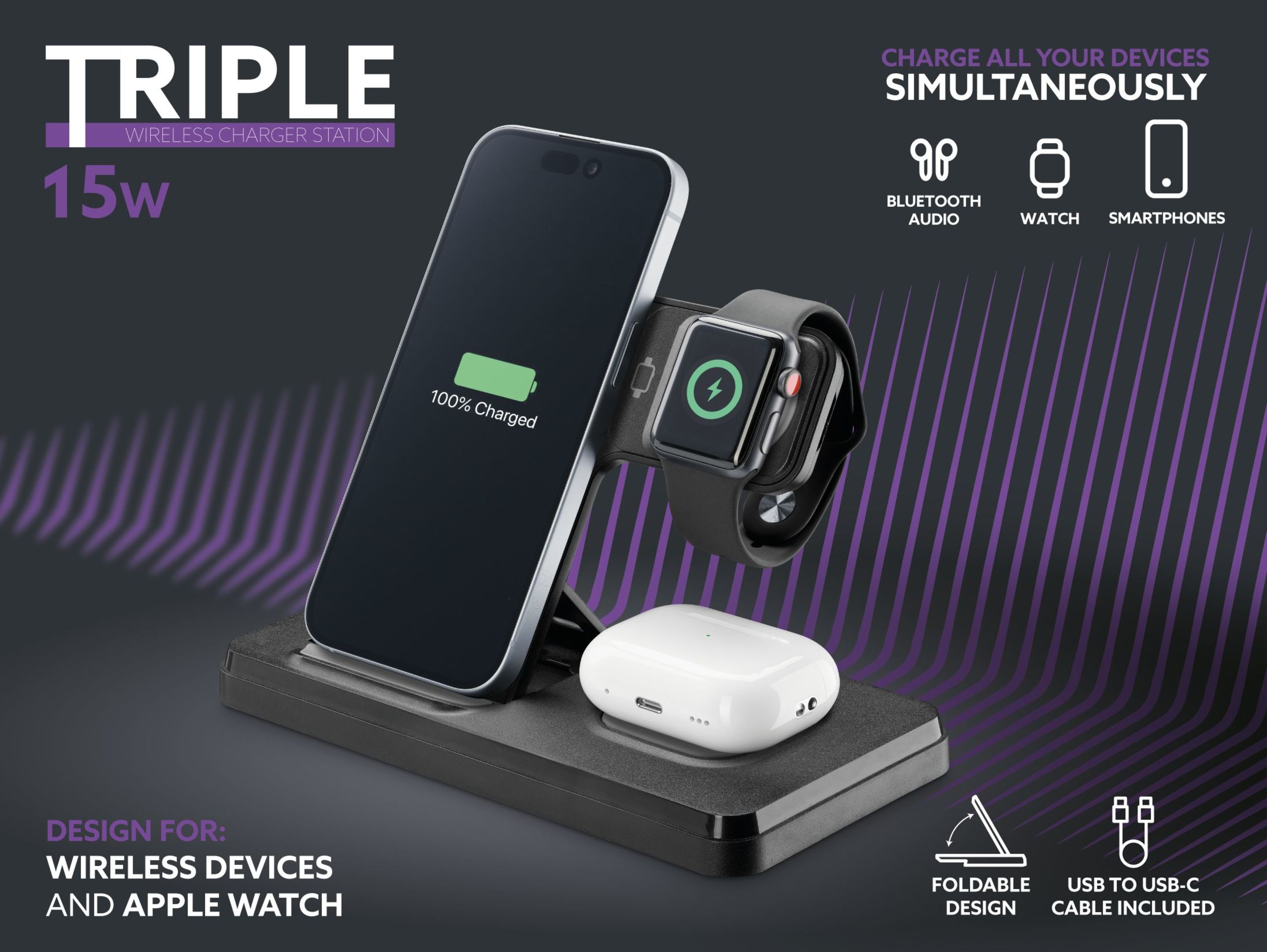 Siyah bir yüzeyde şarj olan bir telefon, Apple Watch ve AirPods ile üçlü kablosuz şarj cihazı.