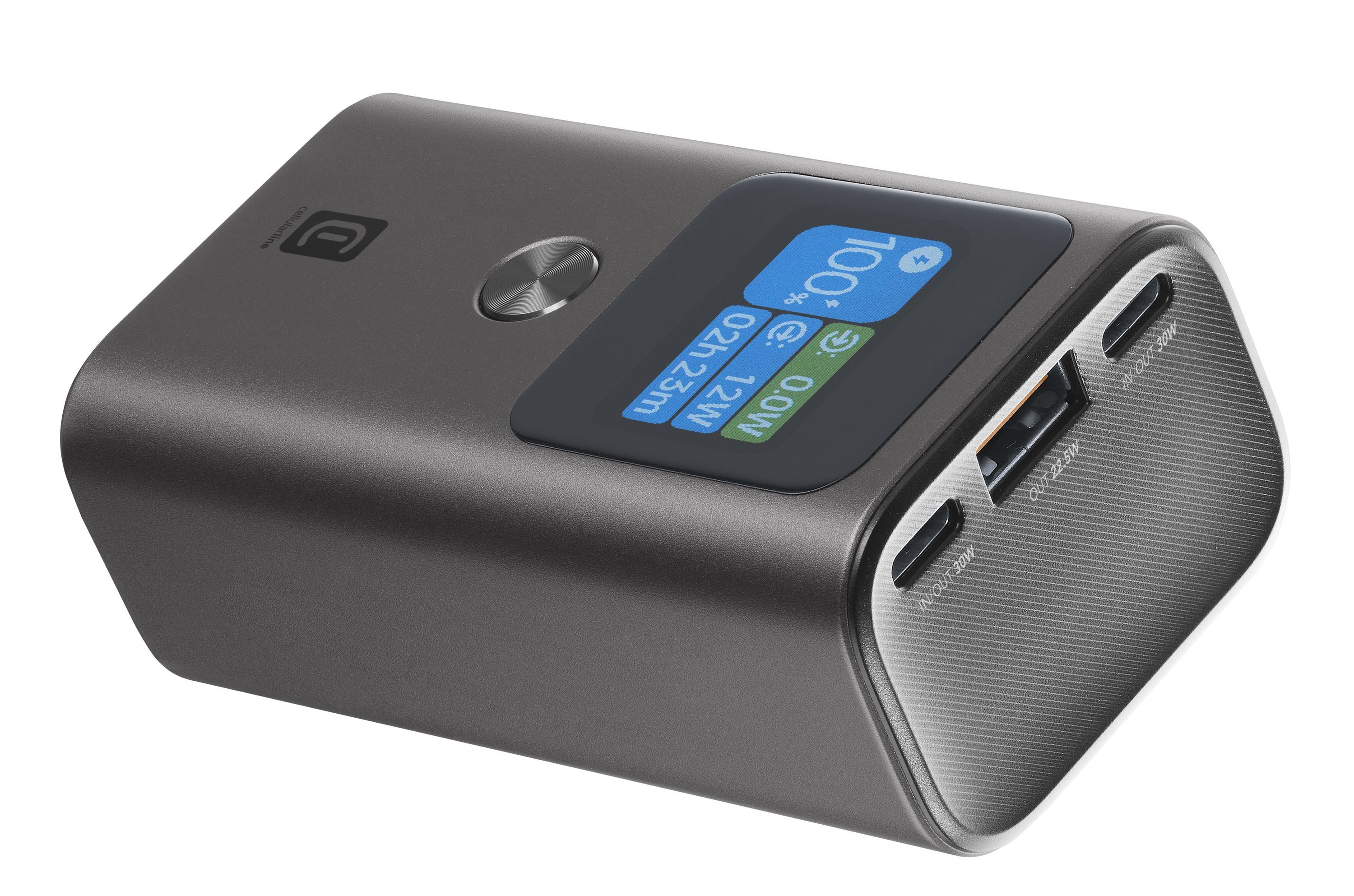 Şarj bilgileri ve USB bağlantı noktalarını gösteren ekranlı, koyu gri bir güç bankası.