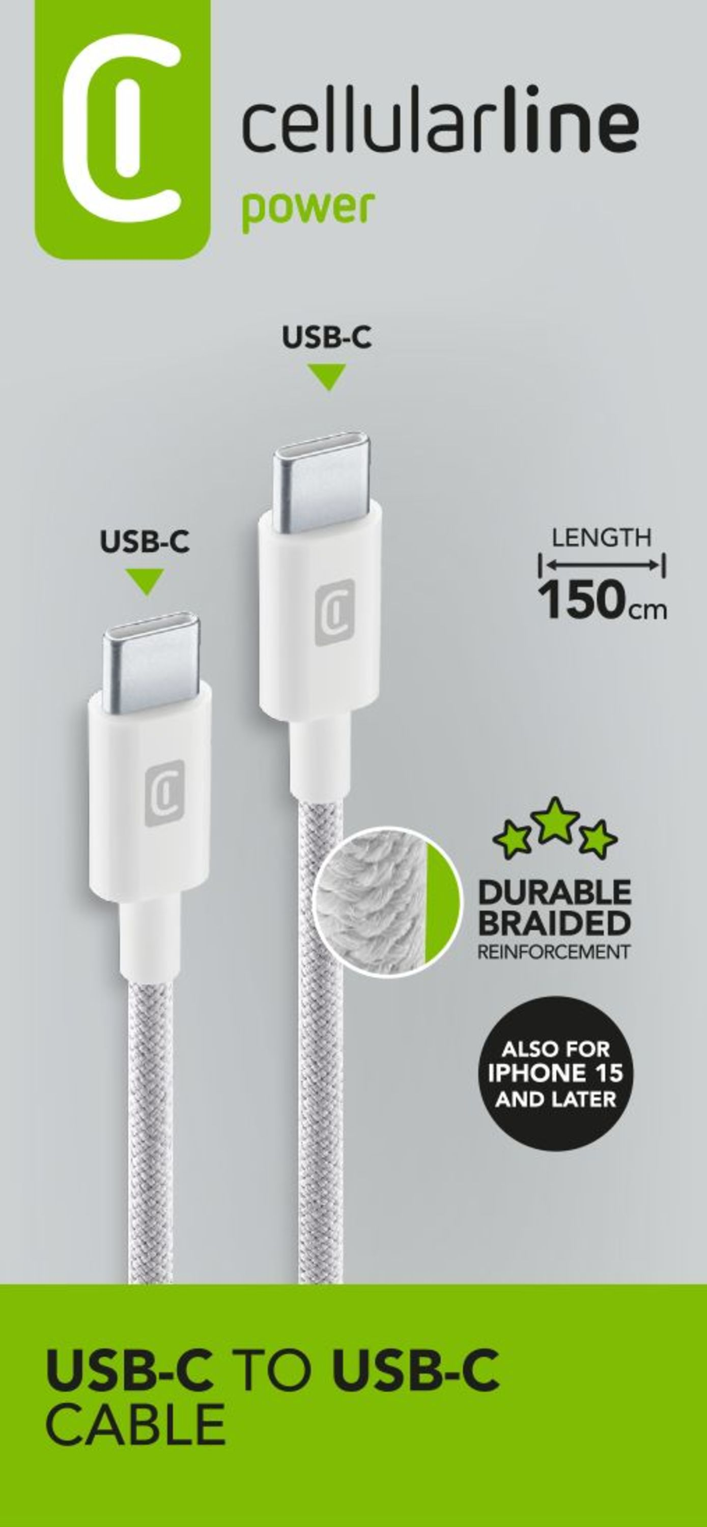 Beyaz bir arka planda USB-C - USB-C kablosu. Metin şunları okuyor: USB-C - USB-C kablosu.