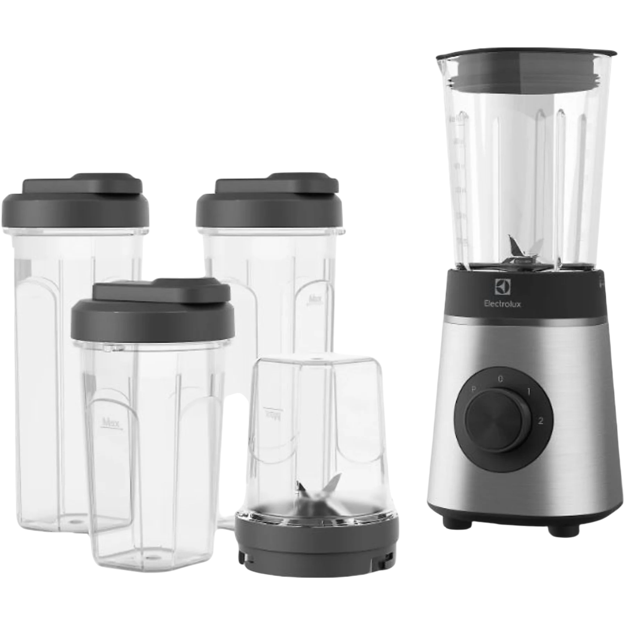 Bir Electrolux blender ve aksesuarları. Üç karıştırma kabı ve bir karıştırma tabanı var.