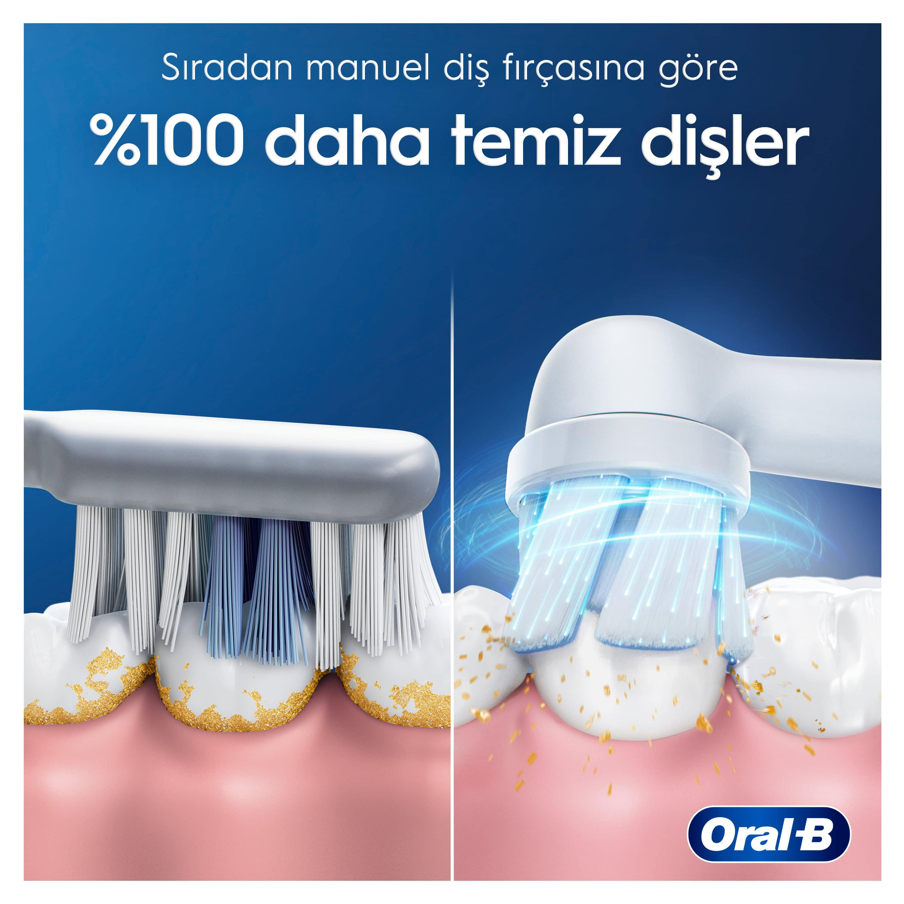 Temizleme etkinliğini gösteren diş fırçası başlıklarının yakın çekimi. Biri sarı lekeleri gösteriyor.
