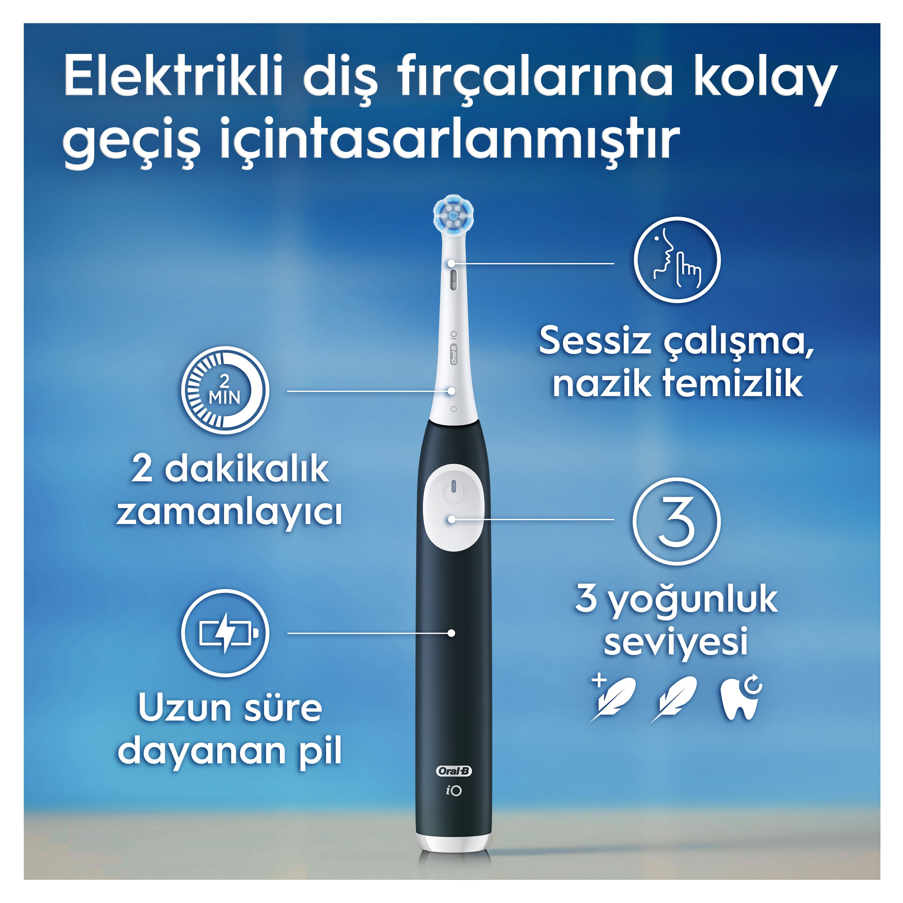 Özellikleri olan elektrikli diş fırçası: zamanlayıcı, pil ve yoğunluk seviyeleri.