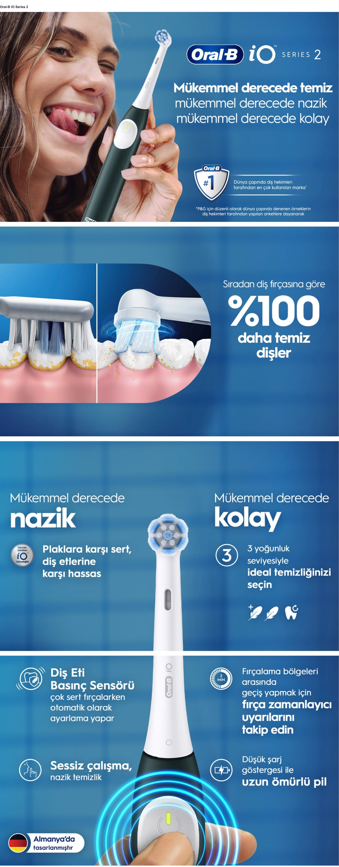 Beyaz bir arka plan üzerinde metin ve resimlerle bir Oral-B elektrikli diş fırçası.