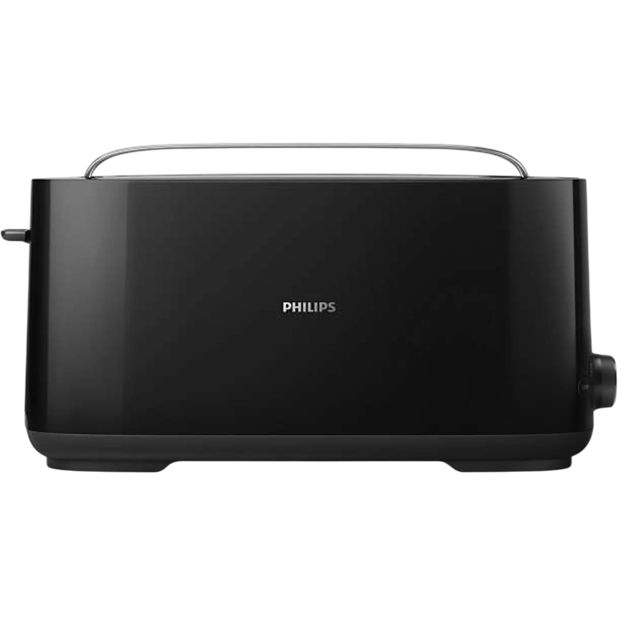 Metal bir saplı siyah tost makinesi, siyah bir arka plan üzerinde, 'PHILIPS' marka adıyla.