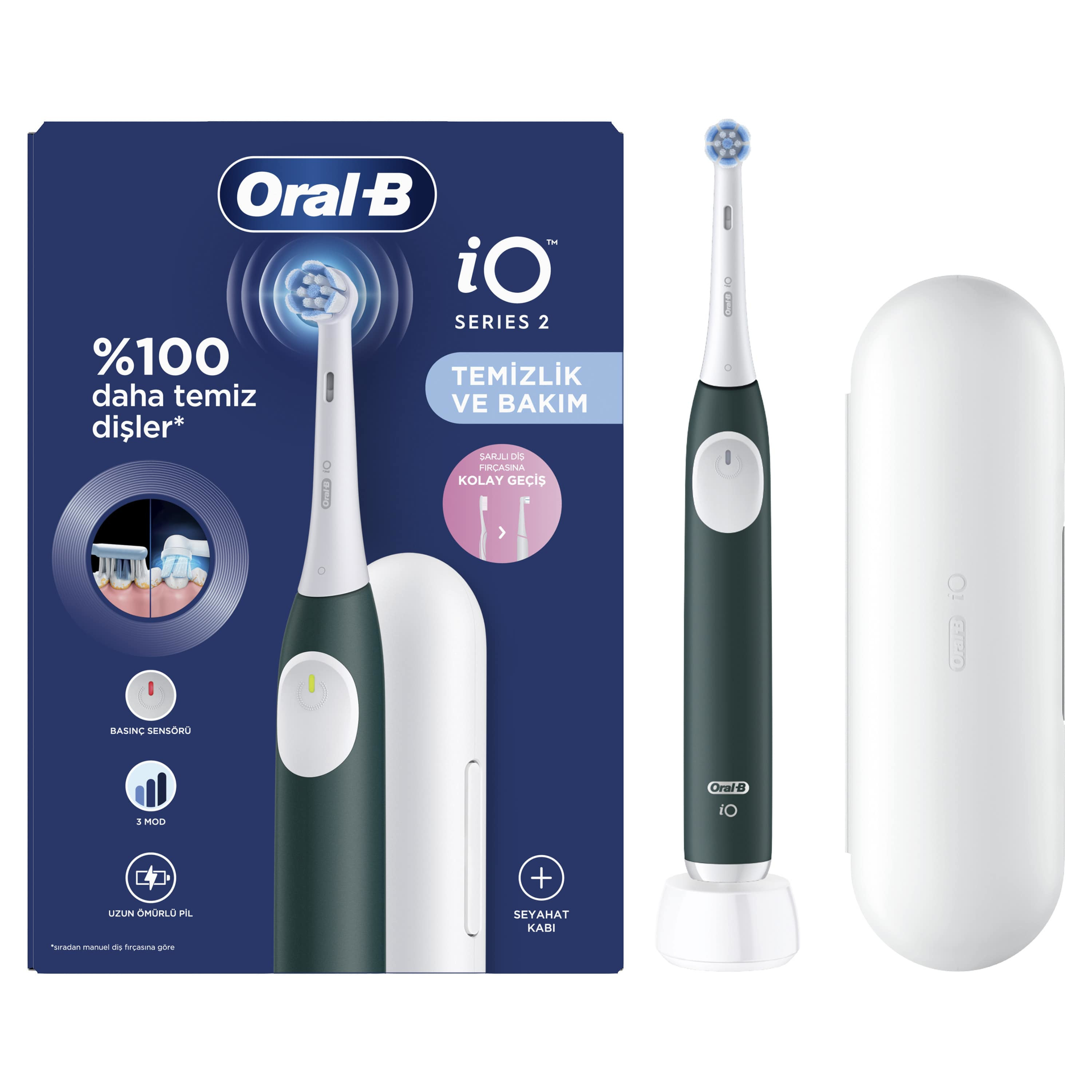 Beyaz zemin üzerinde şarj standı ve seyahat çantası ile bir Oral-B iO Series 2 elektrikli diş fırçası.