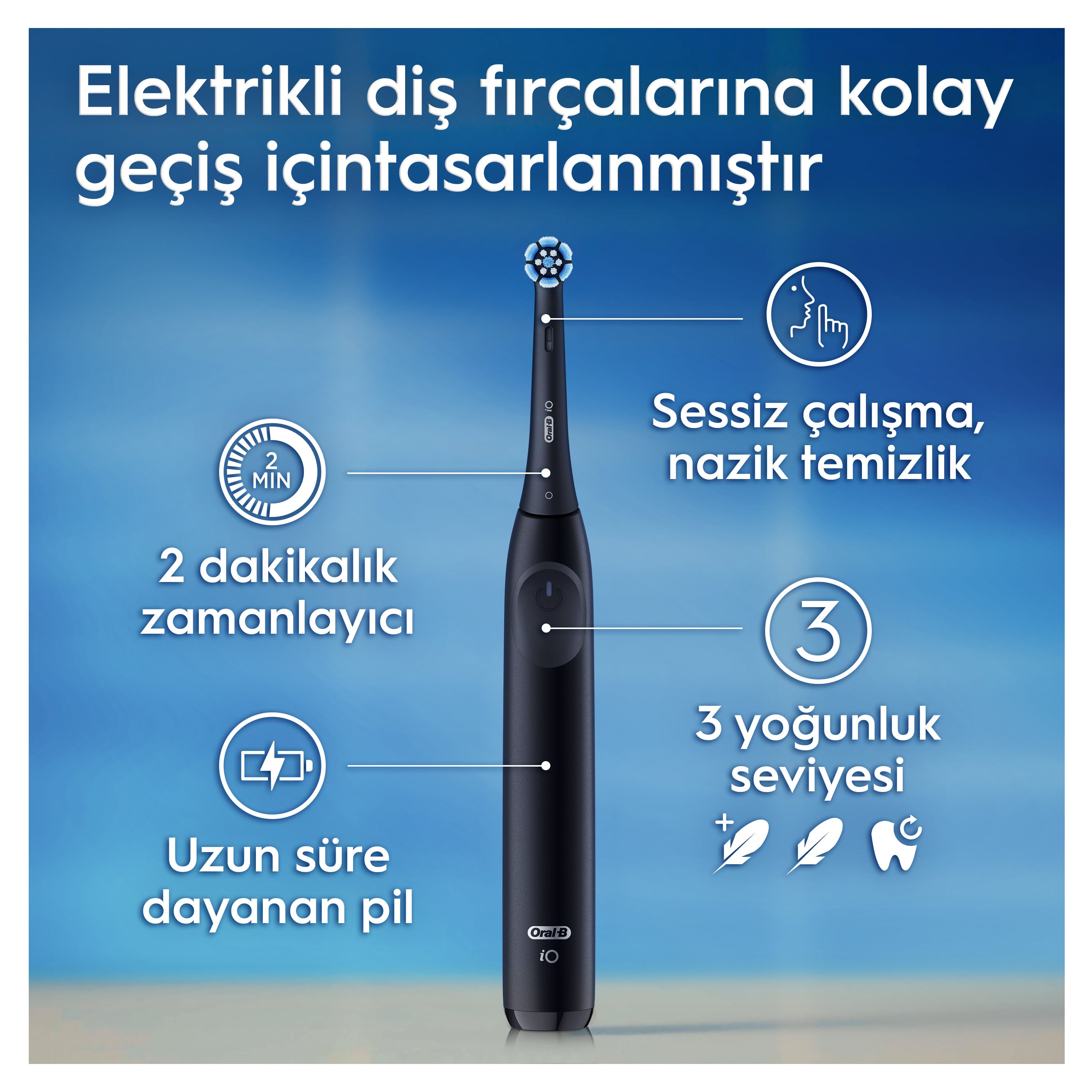 Renkli bir arka plan üzerinde özellikleri ve faydaları açıklayan metin içeren bir elektrikli diş fırçası.
