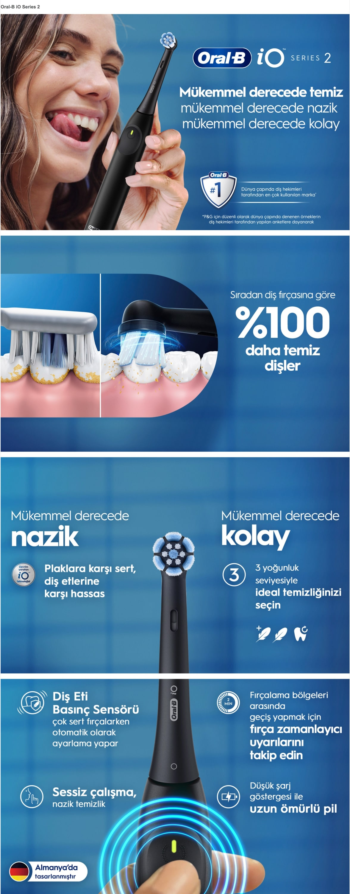 Oral-B iO Series 2 elektrikli diş fırçası. Çeşitli görünümler. Mavi ve beyaz kıllı siyah fırça.