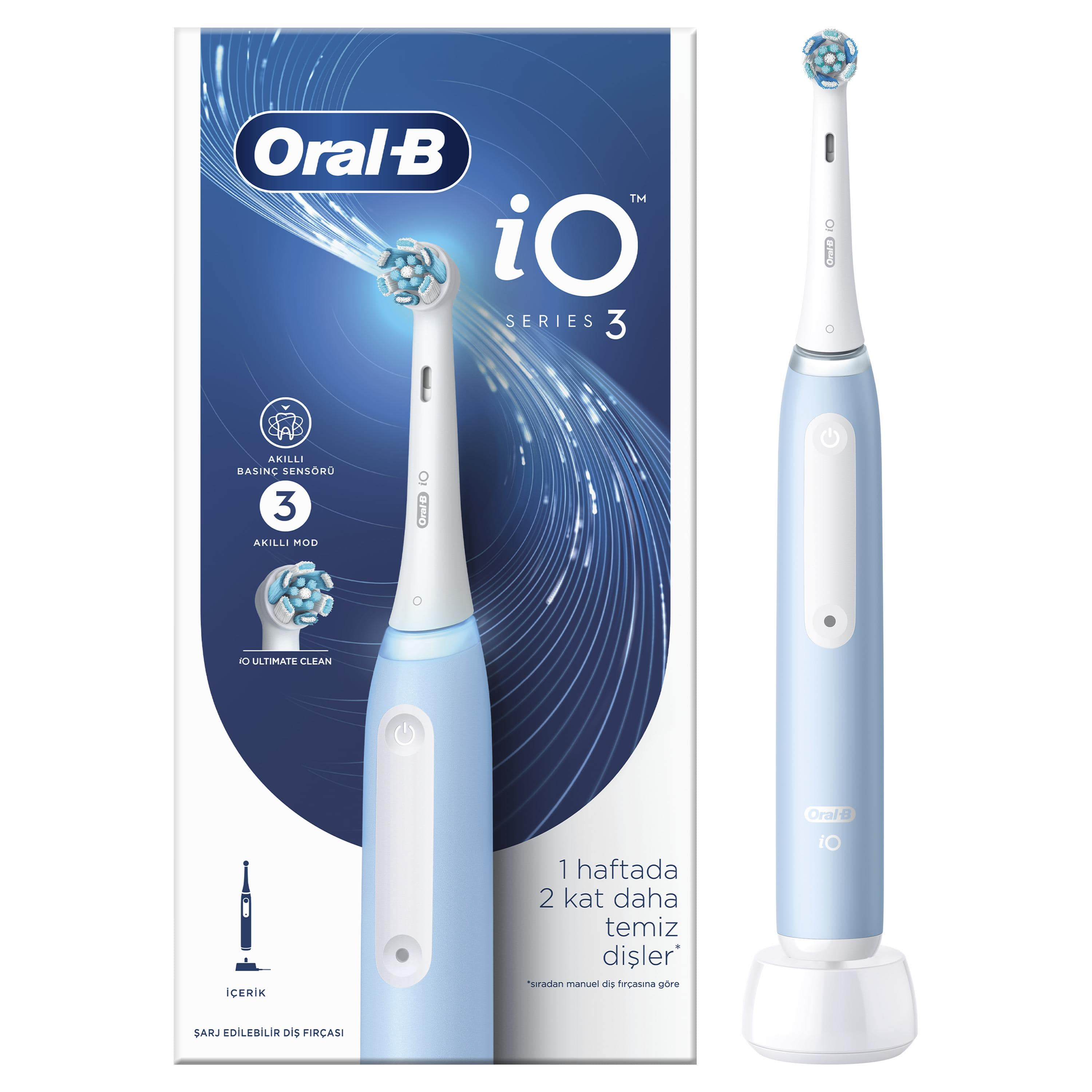 Açık mavi gövdeli ve beyaz şarj tabanına sahip bir Oral-B iO Serisi 3 elektrikli diş fırçası.