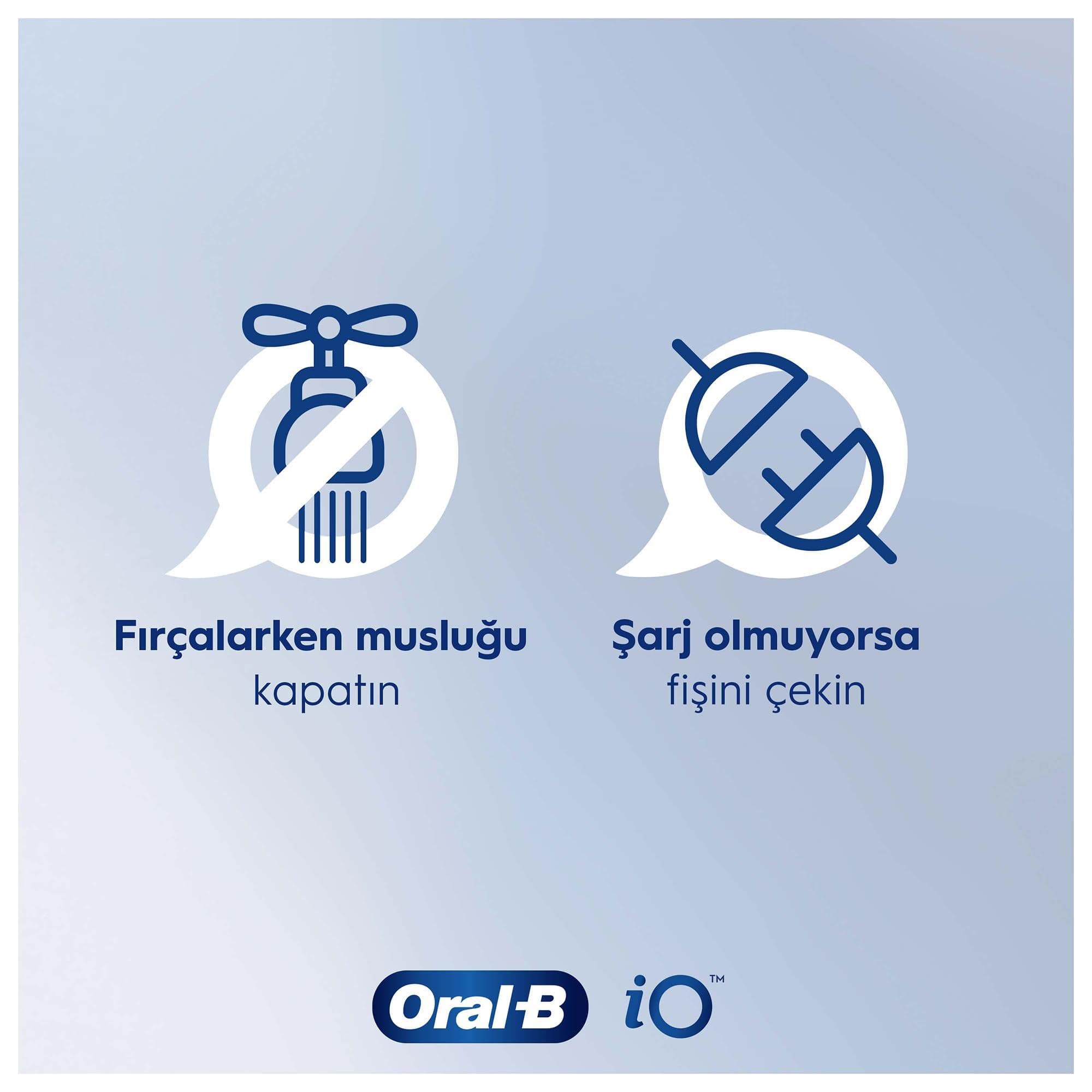 İki ikon ve metin: Fırçalarken musluğu kapatın, şarj olmuyorsa fişi çekin.