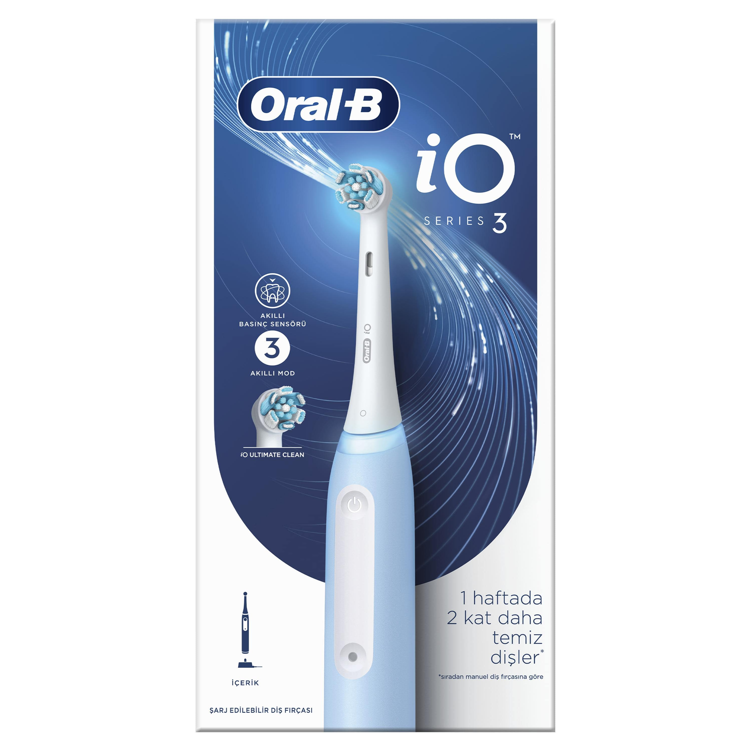 Bir Oral-B elektrikli diş fırçası gösteriliyor. Gövdesi açık mavi, başlığı ise mavi kıllı beyaz.