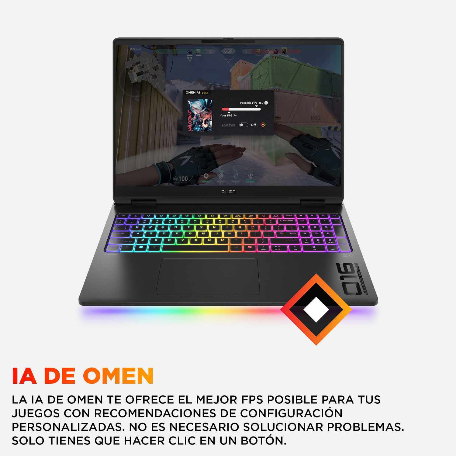 Ordenador portátil negro con luz de teclado arcoíris. La pantalla muestra una interfaz de juego.