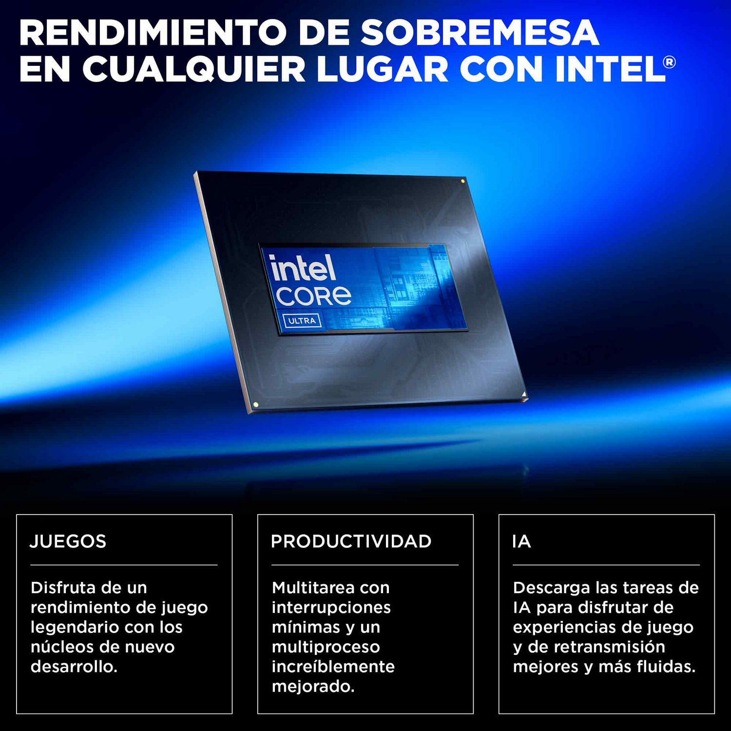 Un anuncio del procesador Intel Core Ultra con texto e imágenes.