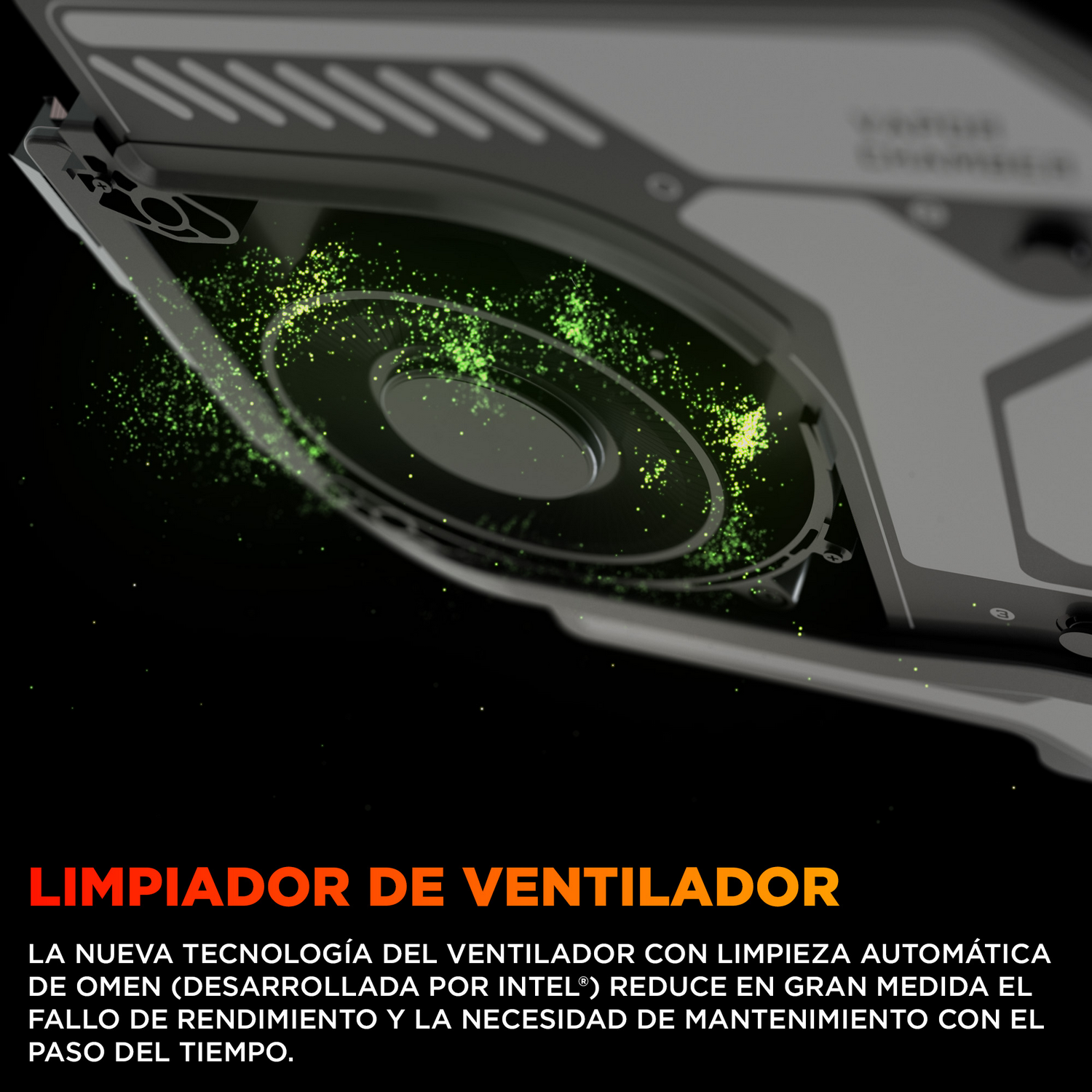 Primer plano de un ventilador de portátil, mostrando partículas verdes y texto sobre tecnología de enfriamiento.