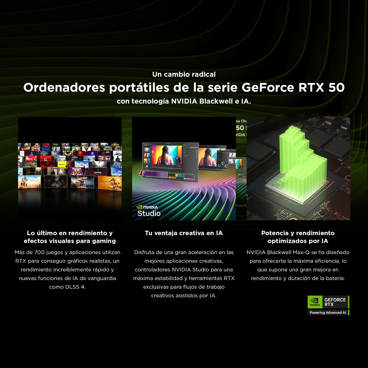 Una pantalla de portátil muestra un juego con un contador de FPS. El texto promociona Omen AI. Se ve un teclado colorido.