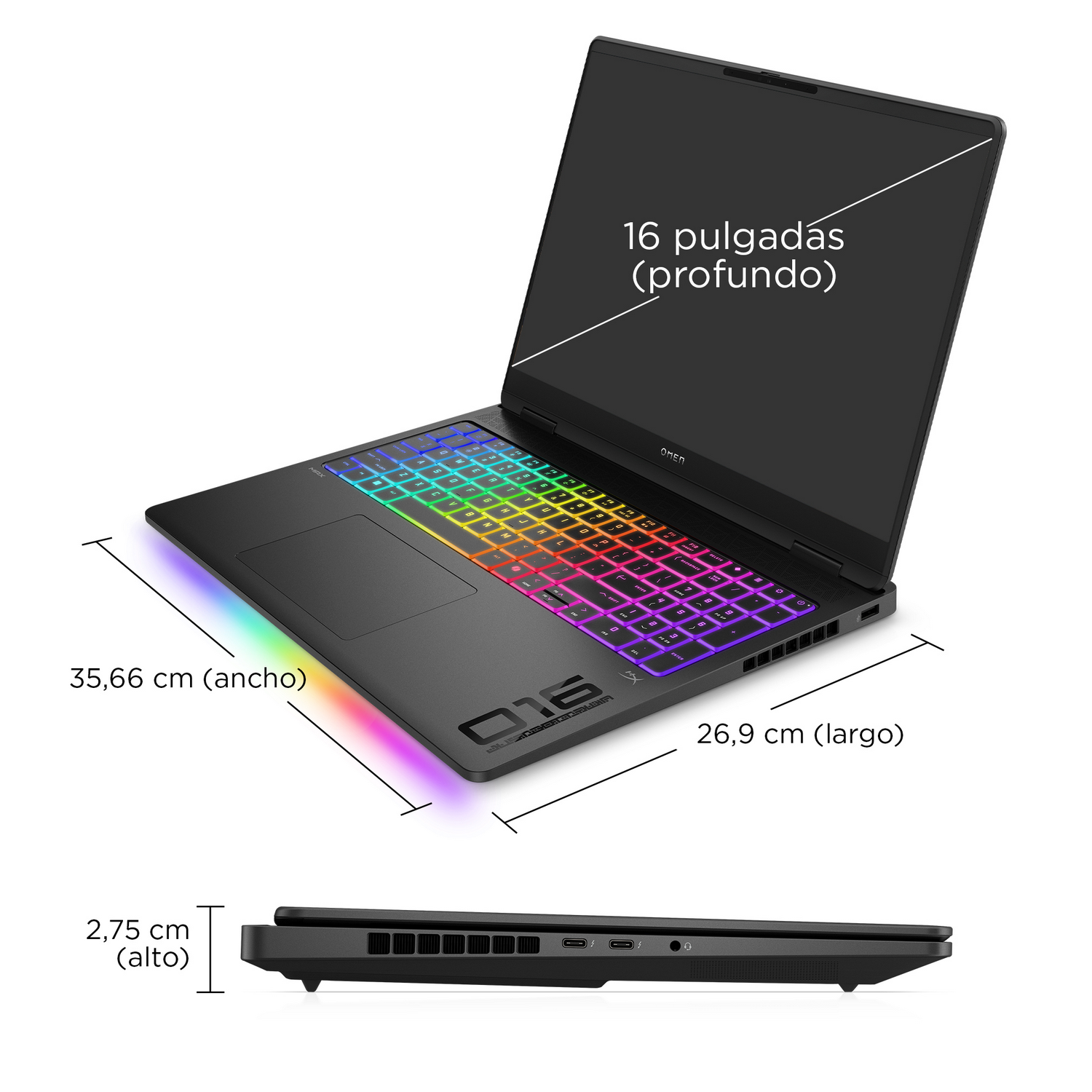 Ordenador portátil negro con iluminación de teclado arcoíris, dimensiones y ángulos indicados en la imagen.