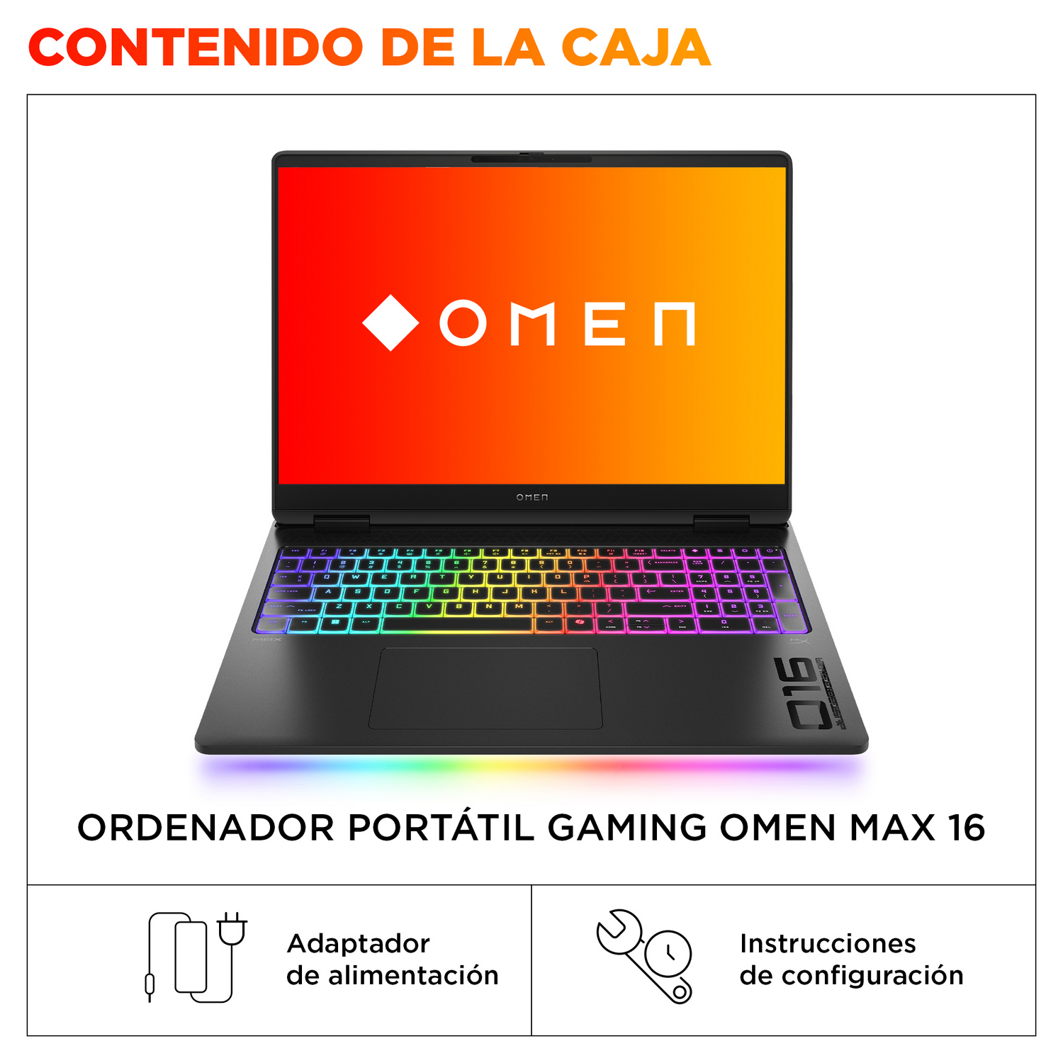 Un portátil con el texto OMEN en la pantalla y accesorios debajo.