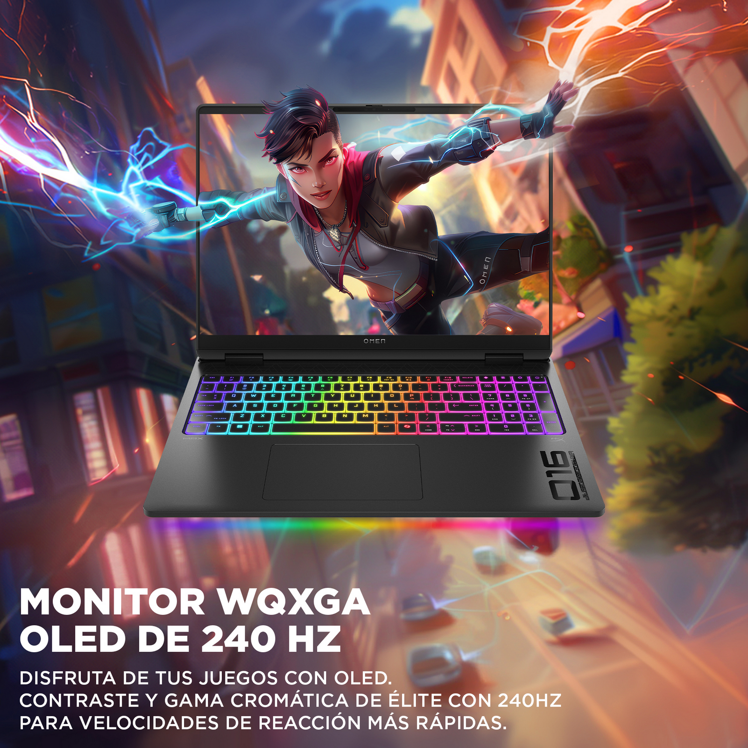 Una laptop para juegos negra con un teclado colorido y una pantalla que muestra a una mujer con un atuendo futurista.