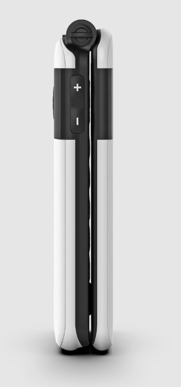 Gefaltetes Smartphone, zeigt weiße und schwarze Seiten mit Lautstärketasten.