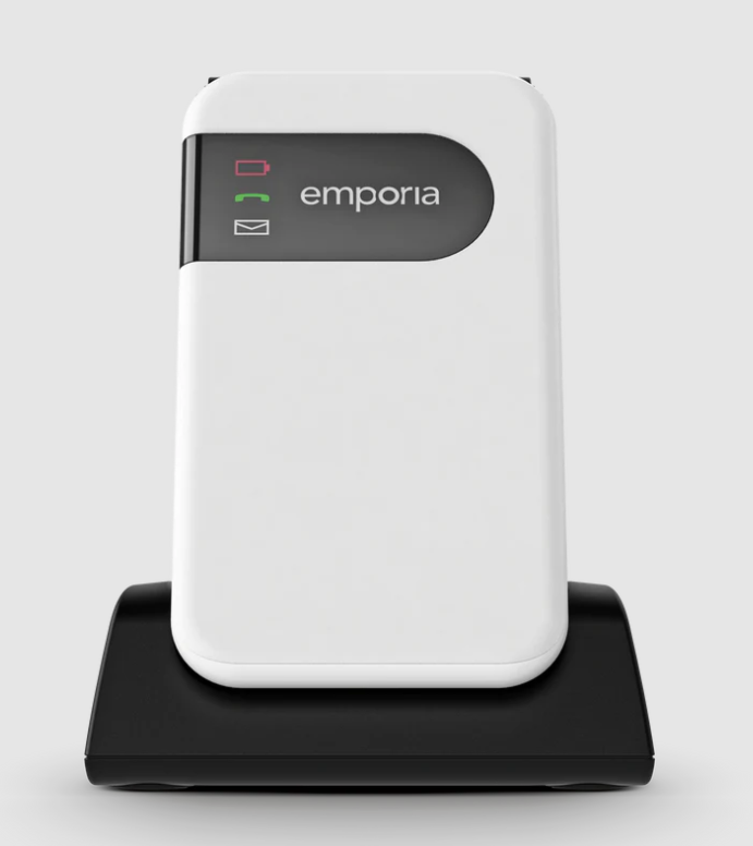Ein weißes Emporia-Telefon mit Ladestation, zeigt Lade- und Nachrichtenanzeigen.