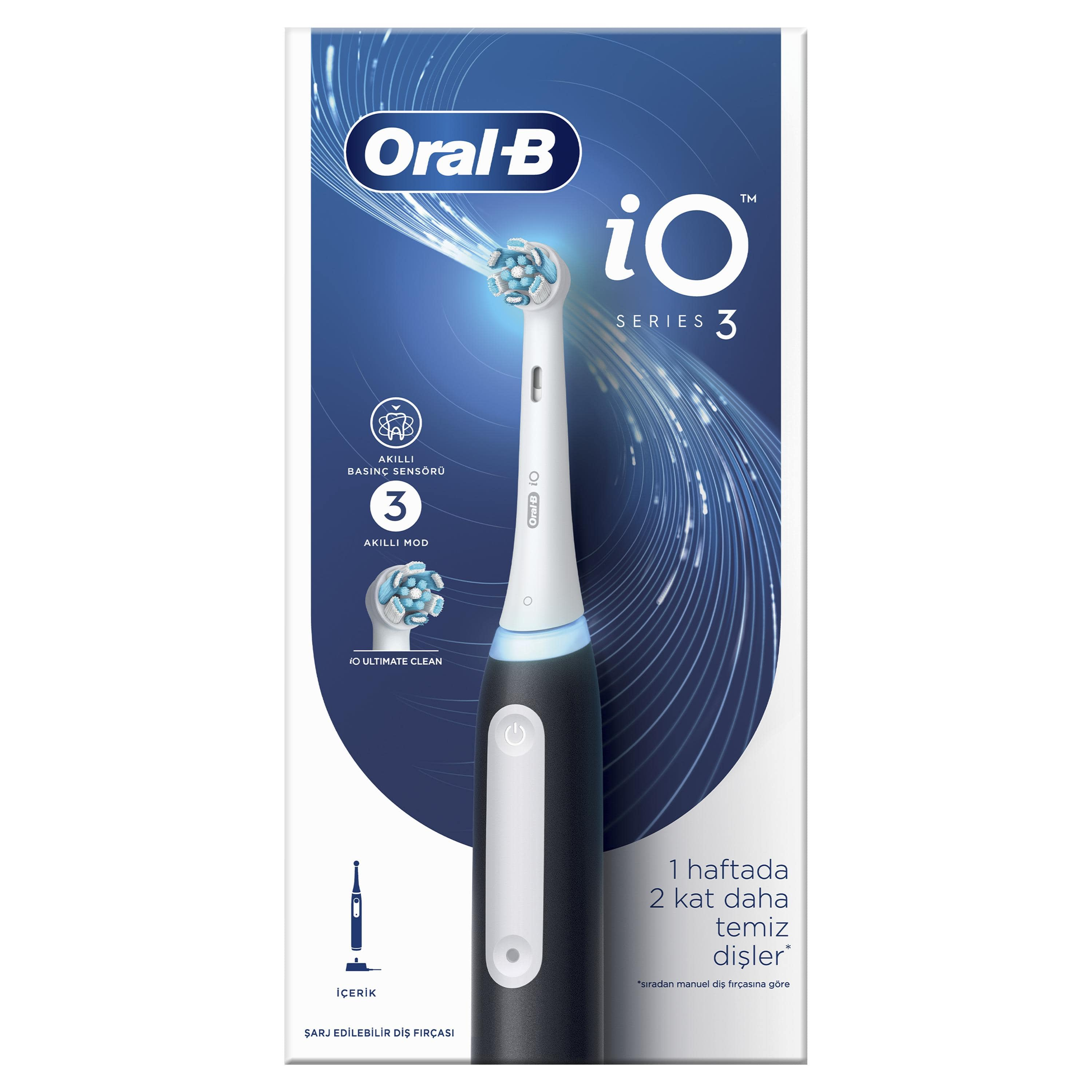 Oral-B iO Series 3 elektrikli diş fırçası ambalajında, öne çıkan özelliklerle.