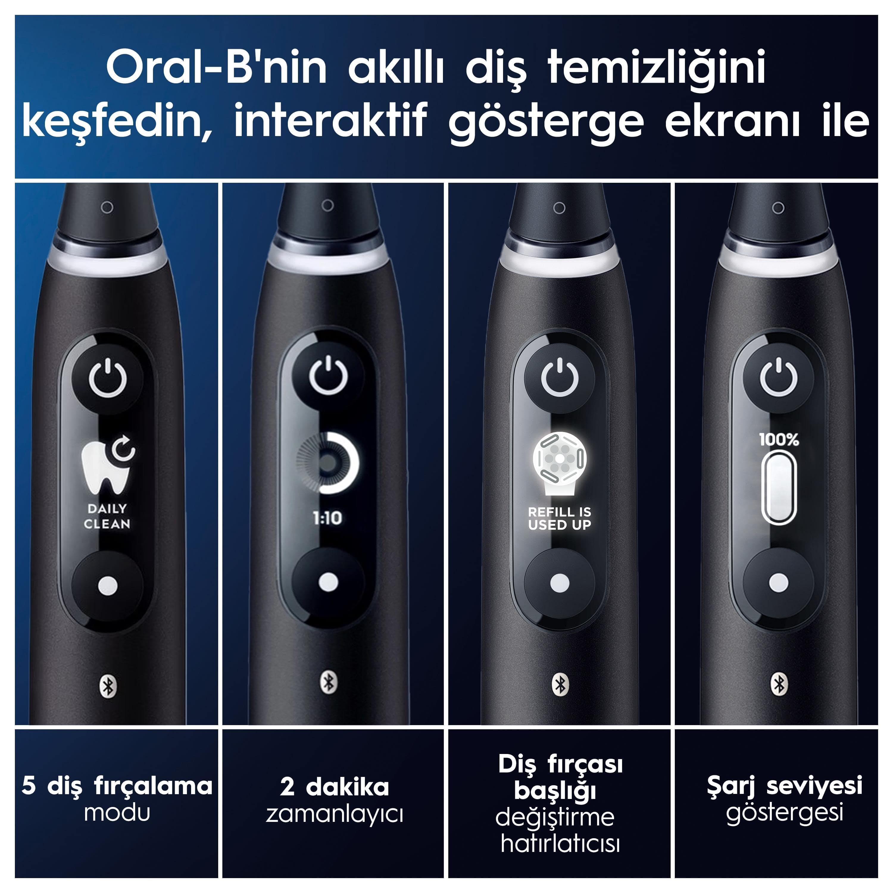 Siyah bir elektrikli diş fırçası, farklı temizleme modlarını ve pil durumunu gösteriyor.