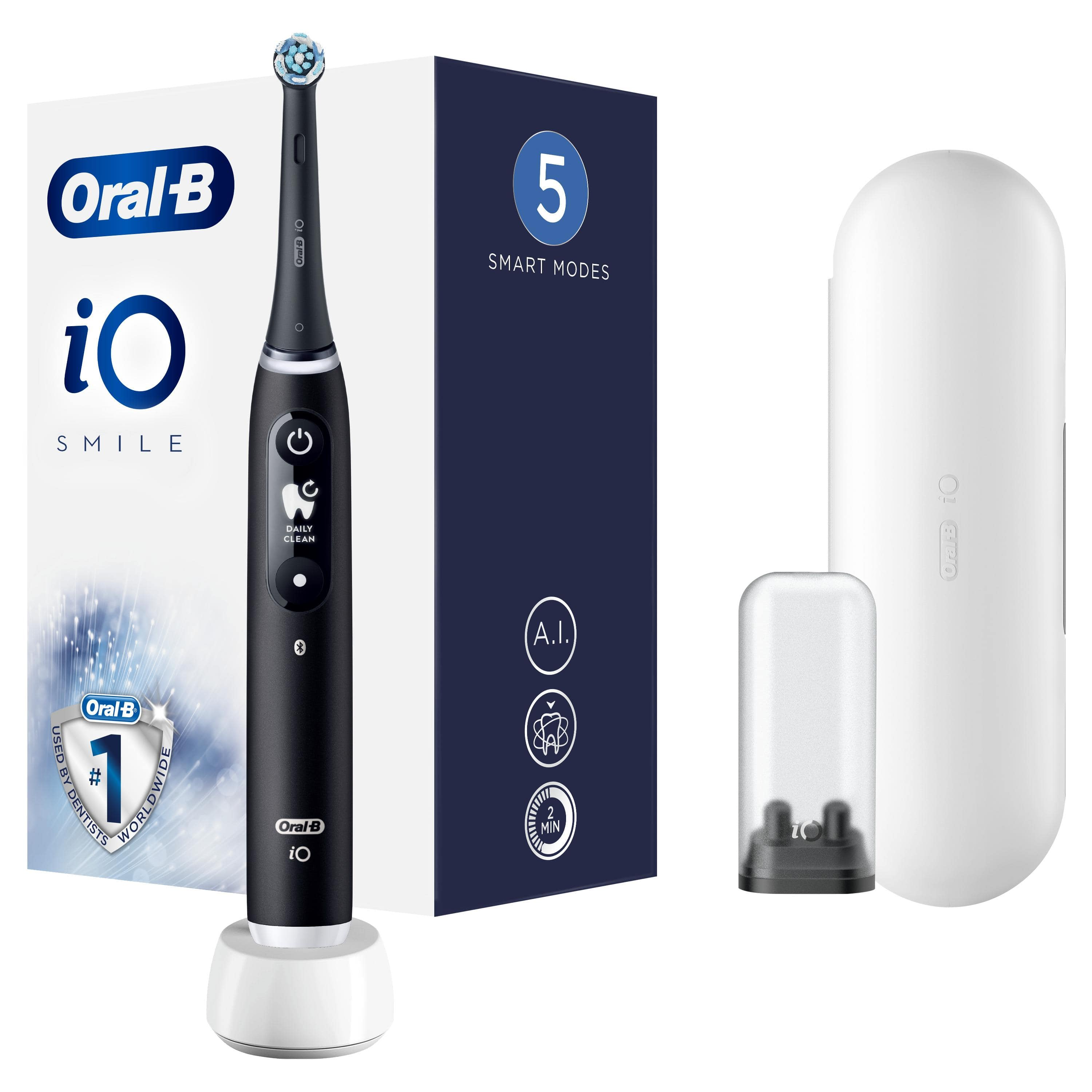 Siyah Oral-B elektrikli diş fırçası, şarj tabanı, kutu ve seyahat çantası.