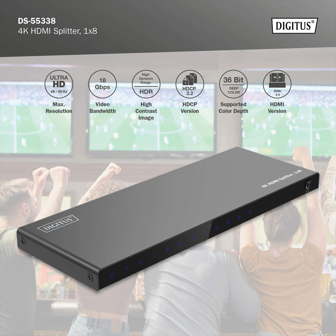 Schwarzer 4K HDMI-Splitter mit Logos und Anschlüssen, vor unscharfem Hintergrund.