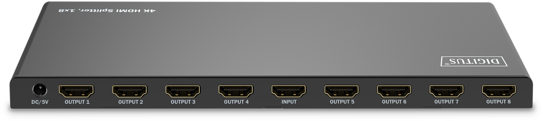 HDMI-Splitter mit acht Ausgangsanschlüssen, beschriftet mit Text: 'OUTPUT 1' bis 'OUTPUT 8'.