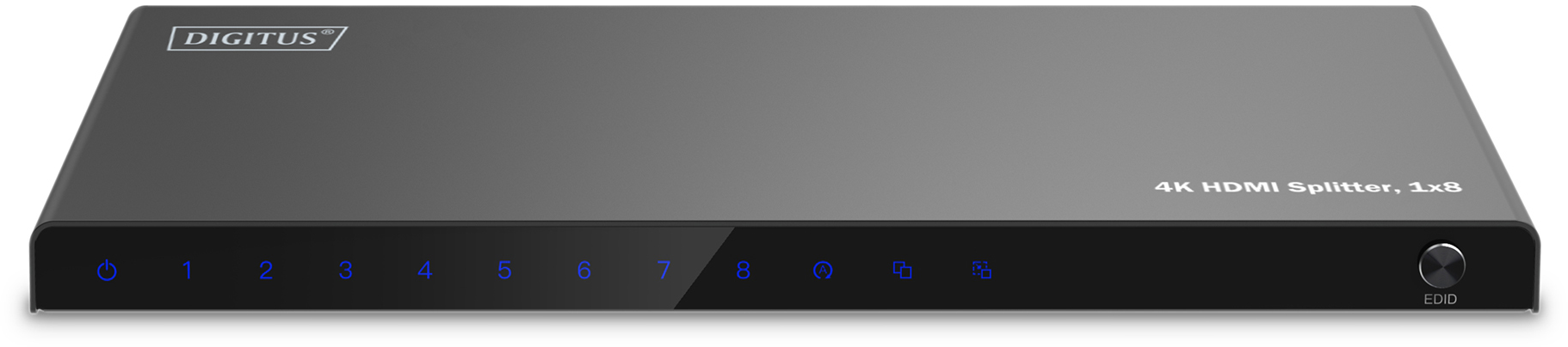 Ein schwarzer HDMI-Splitter mit 8 Ausgangsanschlüssen und einem Netzschalter. Isoliert auf Weiß.