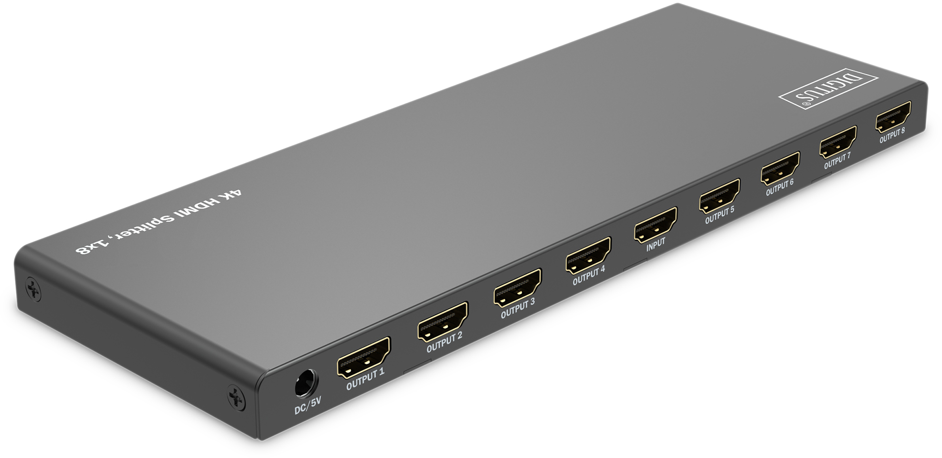 Schwarzer HDMI-Splitter mit mehreren Anschlüssen, beschriftet mit Ein- und Ausgang, auf weißem Hintergrund.