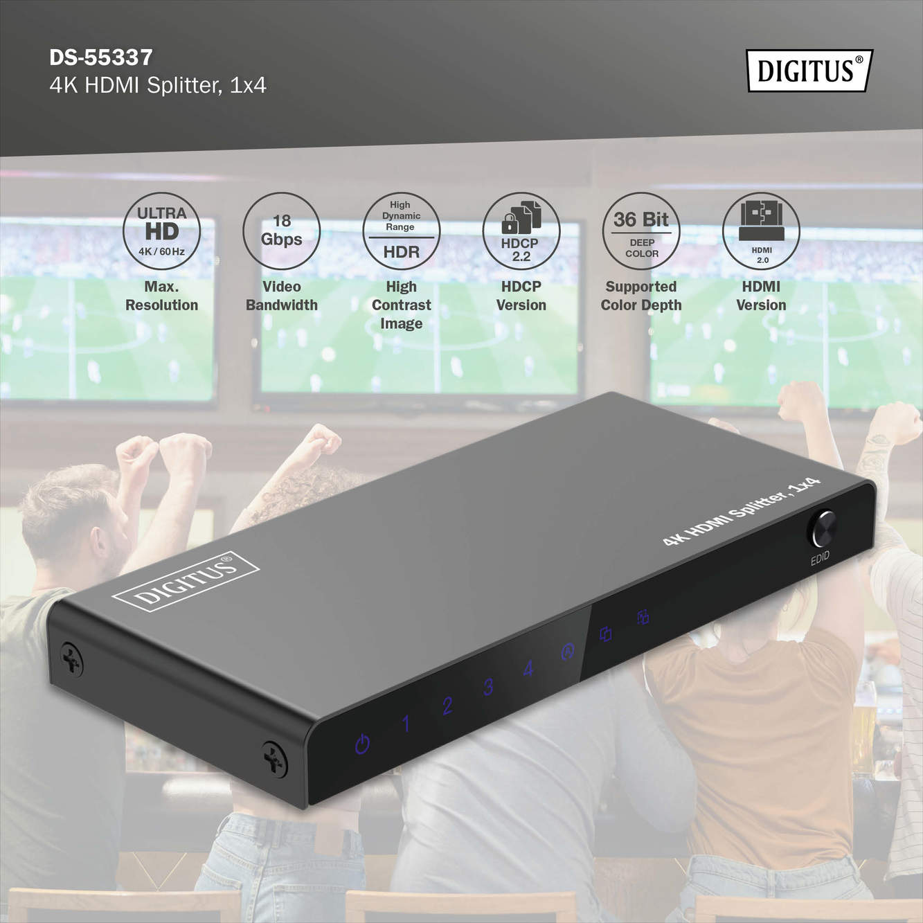 Ein schwarzer HDMI-Splitter mit 4 Ausgängen, zeigt Anschlüsse und Beschriftungen.